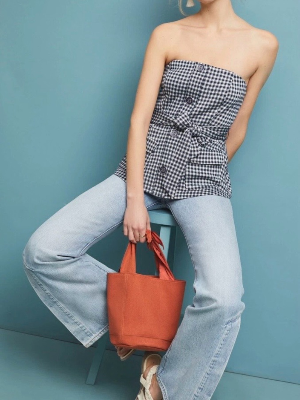 Eva Franco Navy & White Gingham Strapless Top